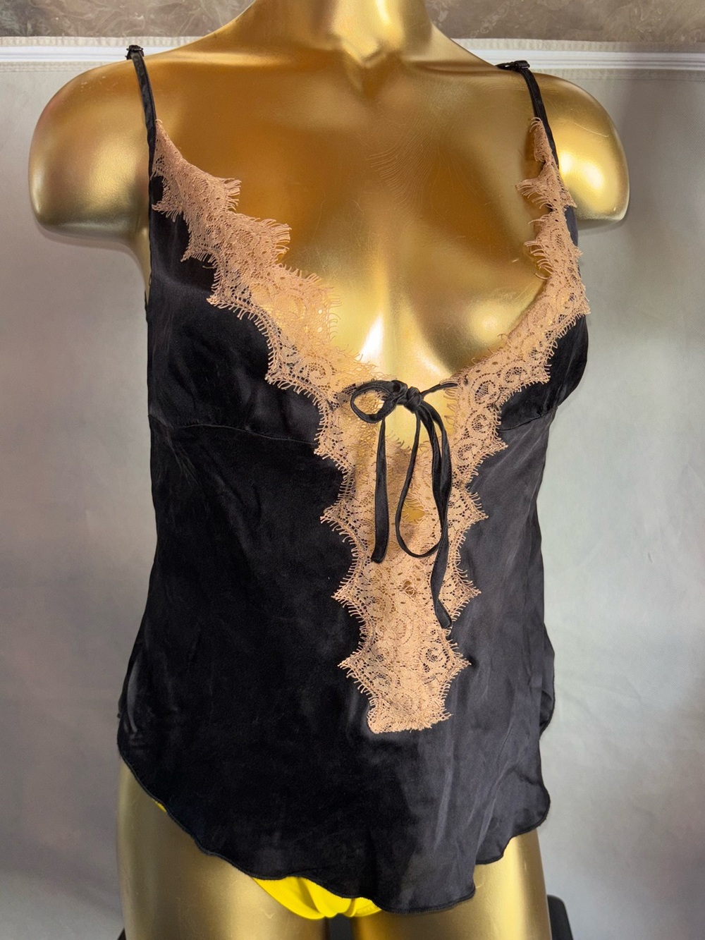 Black Silk Lace-Trim Cami Top
